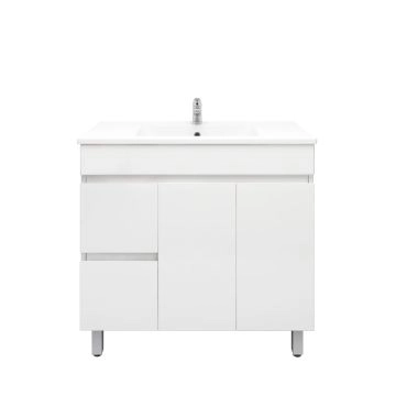 900mm Freestanding With Legs PVC Gloss White Left Drawers Bathroom Vanity Cabinet Only