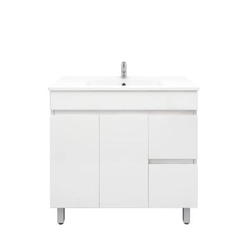 900mm Freestanding With Legs PVC Gloss White Right Drawers Bathroom Vanity Cabinet Only