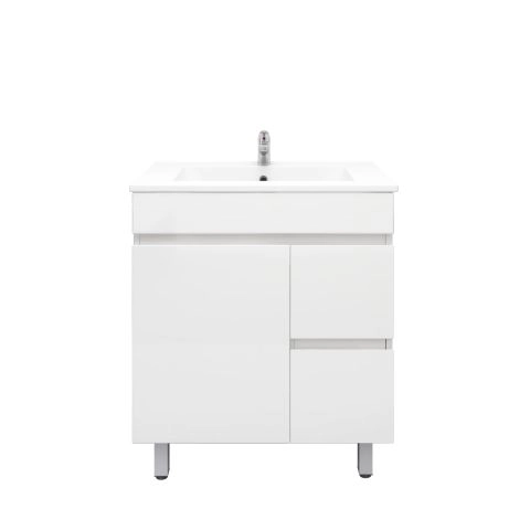 750mm Freestanding With Legs MDF Gloss White Right Drawers Bathroom Vanity Cabinet Only
