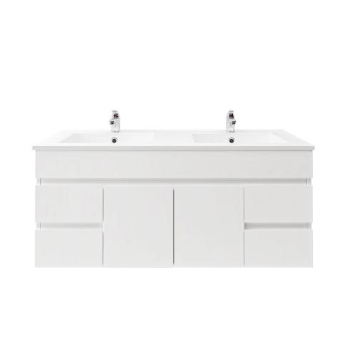 1200mm 2-Door 2-Drawer Wall Hung MDF Gloss White Finish Bathroom Vanity Cabinet Only