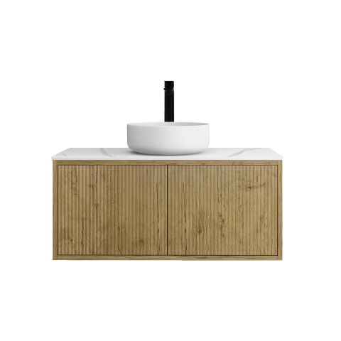 900mm Slim Prime Oak Wall Hung Bathroom Vanity Right Drawer Grooved MDF Cabinet Only